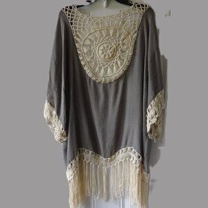 Kori America size M/L vest, cotton/poly, crochet fringe, loose fit open style